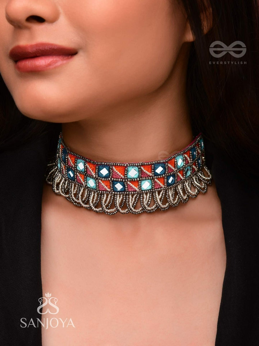 Dyupatha - The Sky Horizon - Mirror And Beads Hand Embroidered Oxidised Neckpiece