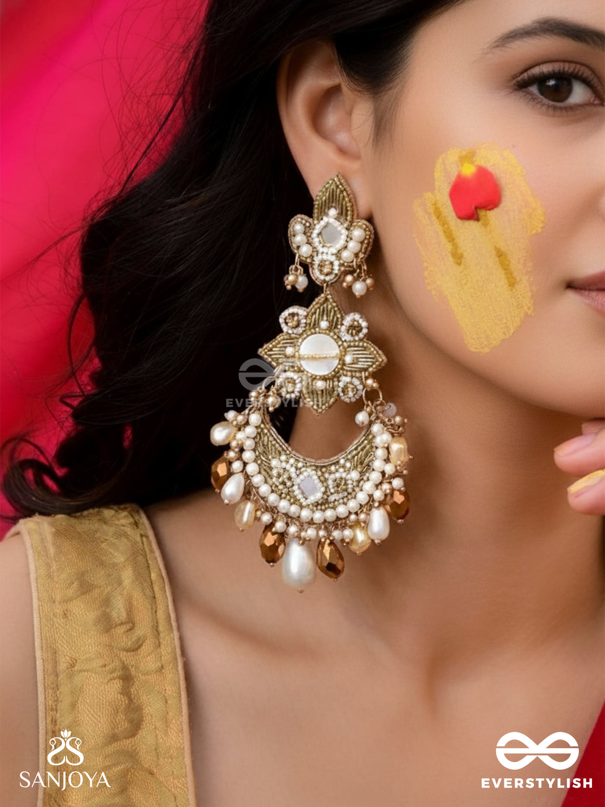 Adhirukma - The Celestial Petals - Beads, Mirrors And Glass Drops Hand Embroidered Earrings