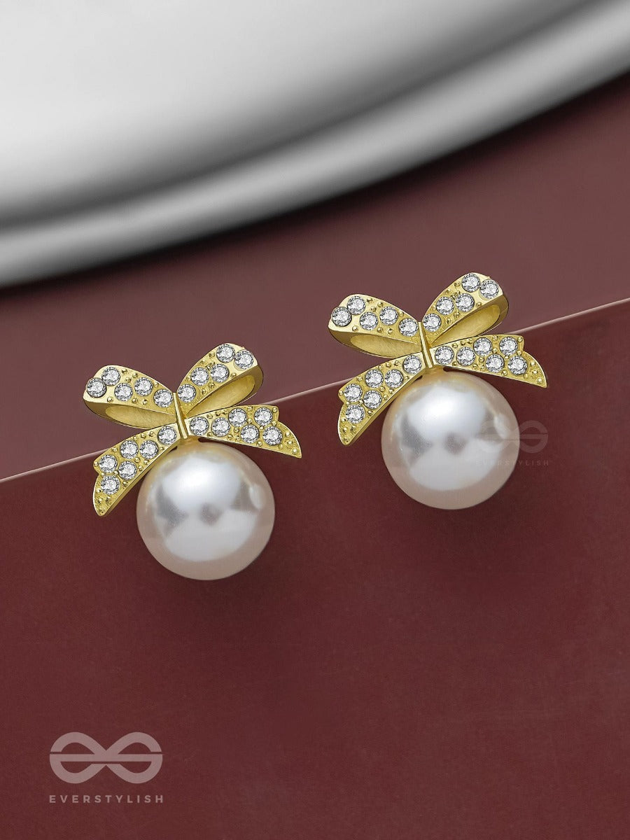 Bow-Dazzle Pearls - Golden And White Embellished Earrings