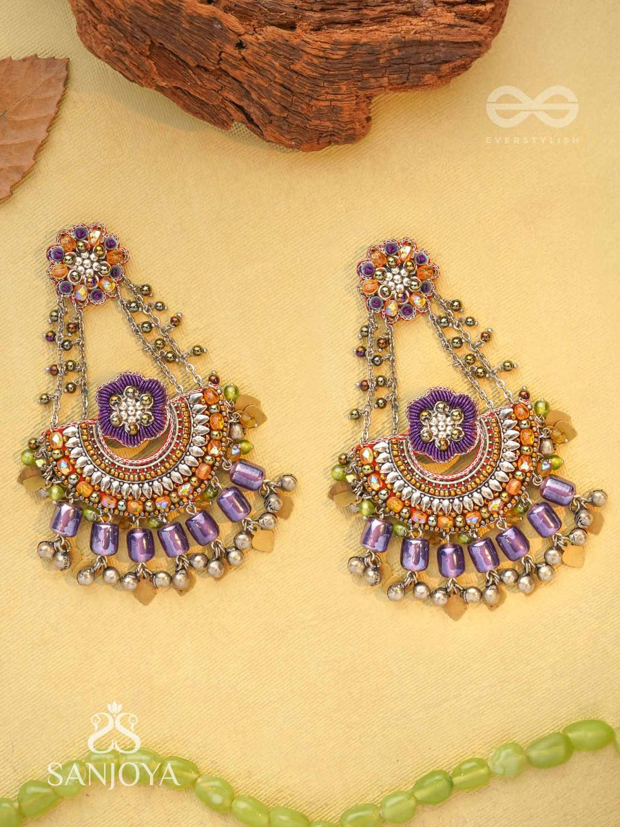 Anandabhuj- The Auroral Merriment- Resham, Beads And Glass Drops Hand Embroidered Oxidised Earrings