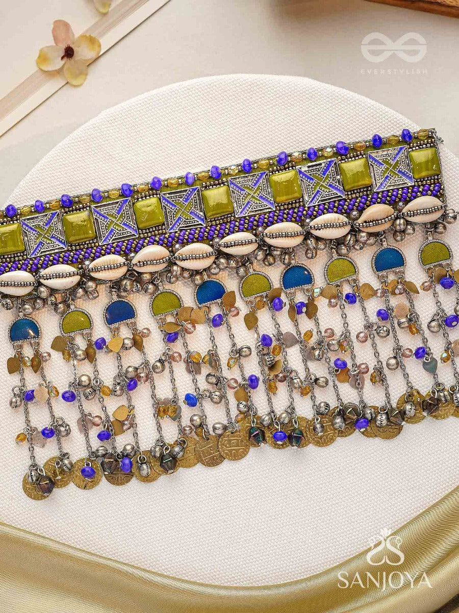 Bhumimaye - The Earthy Cadence - Shells, Beads And Coins Enamelled Hand Embroidered Oxidised Choker Neckpiece