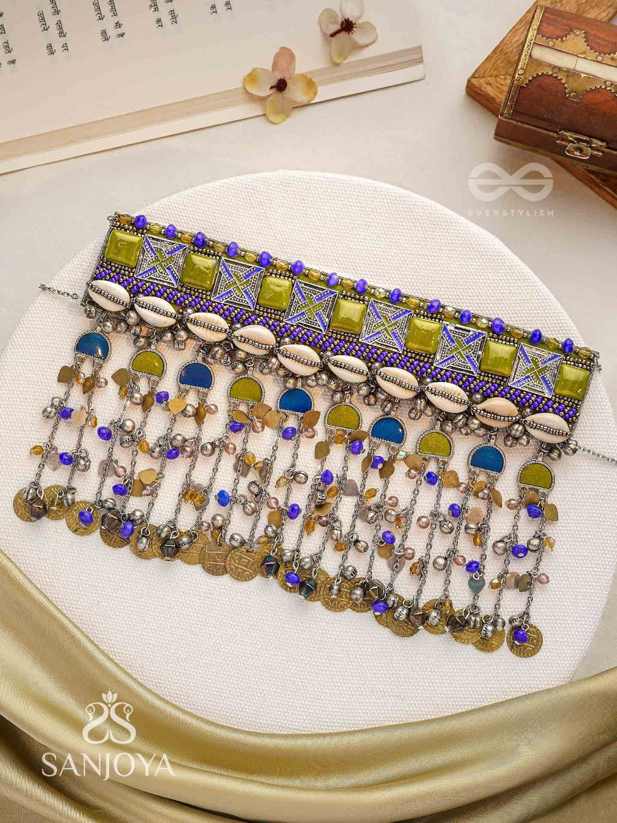 Bhumimaye - The Earthy Cadence - Shells, Beads And Coins Enamelled Hand Embroidered Oxidised Choker Neckpiece