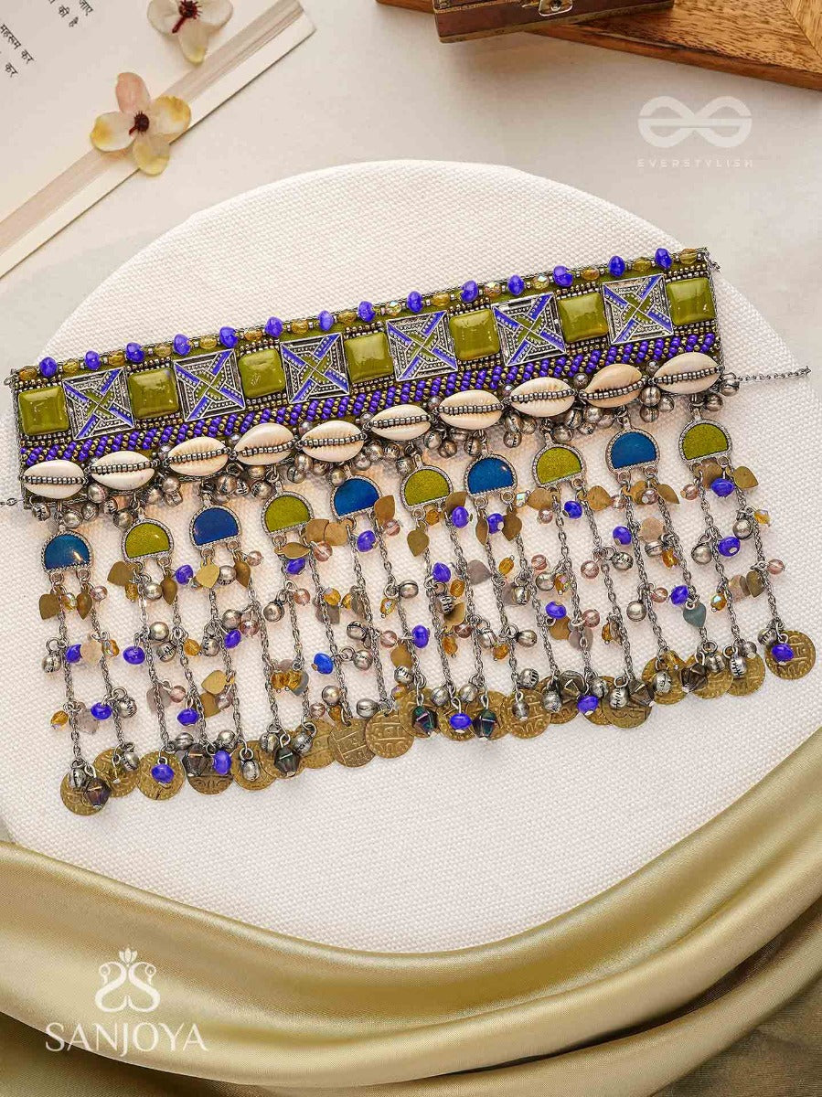 Bhumimaye - The Earthy Cadence - Shells, Beads And Coins Enamelled Hand Embroidered Oxidised Choker Neckpiece