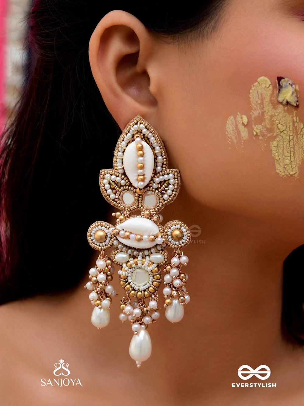 Savitra - Frosty Lily - Beads, Shells And Pearl Drops Hand Embroidered Earrings