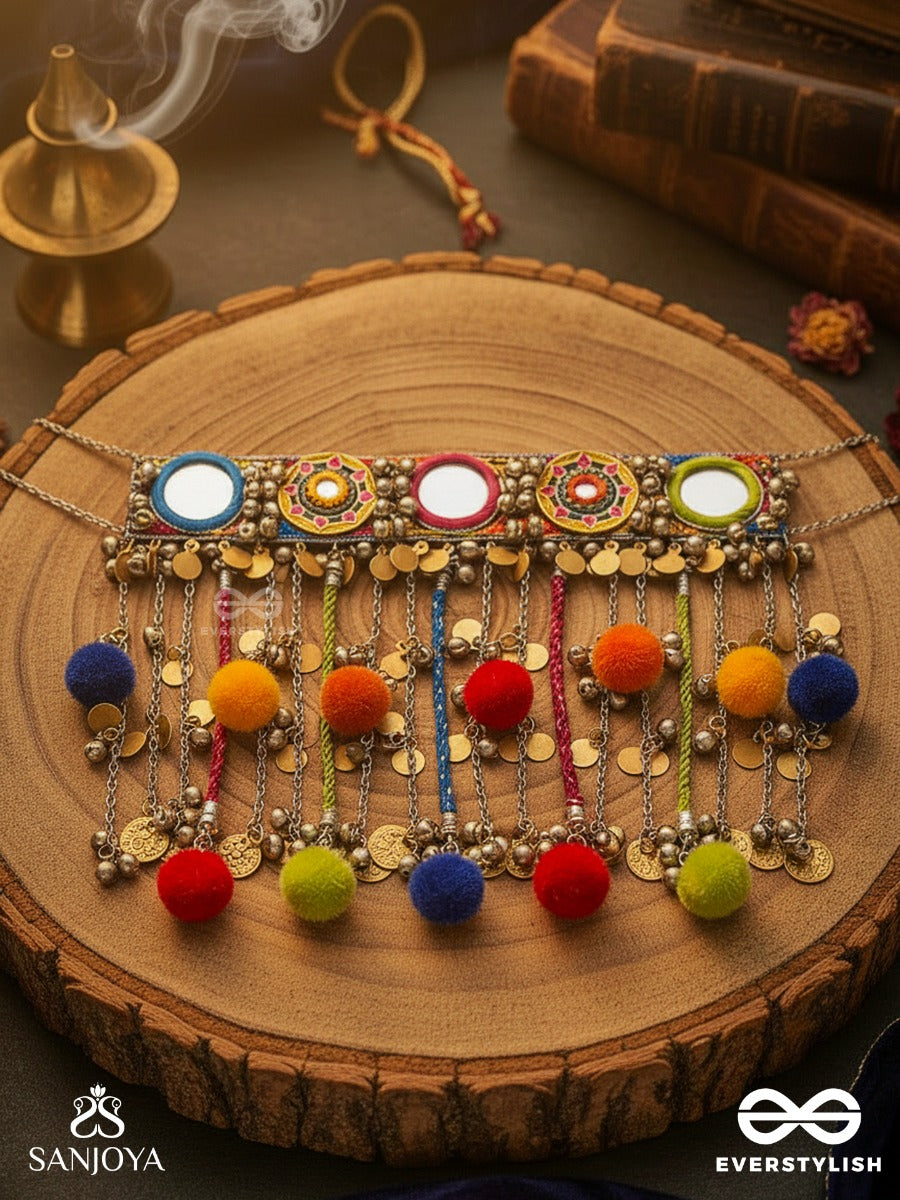 Varnaih - The Shades Of Life - Mirror, Beads And Coins Hand Embroidered Oxidised Neckpiece