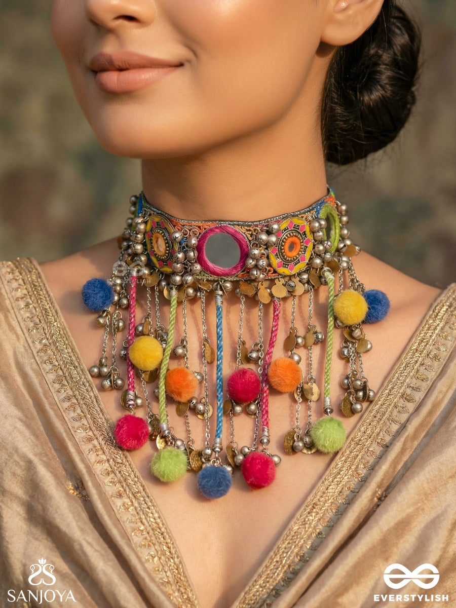 Varnaih - The Shades Of Life - Mirror, Beads And Coins Hand Embroidered Oxidised Neckpiece