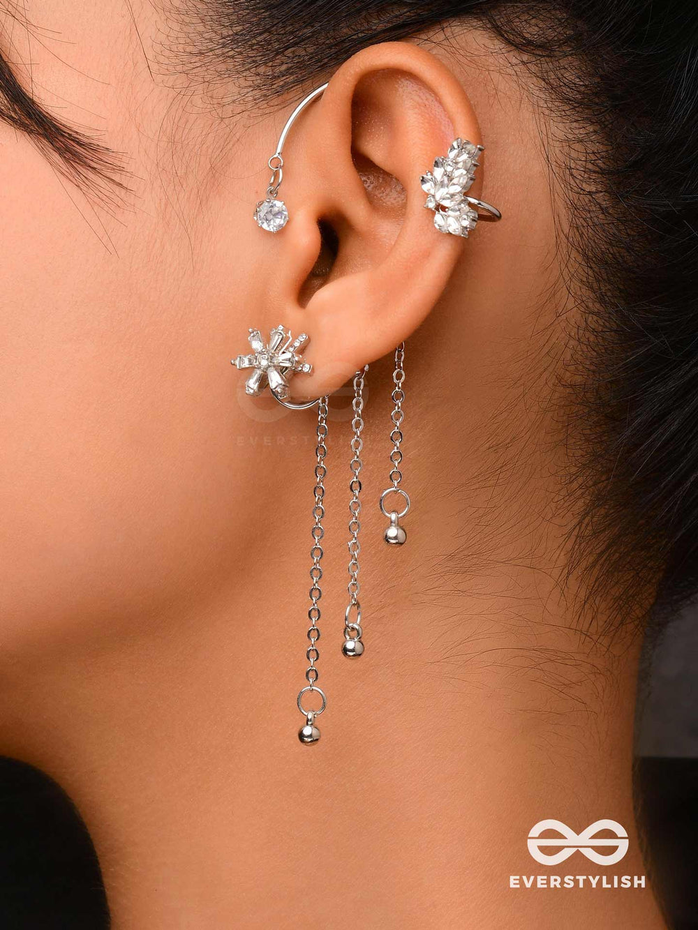 The Drizzling Stars - Silver Embellished Single Left Side Ear Cuff (Non-Piercing)