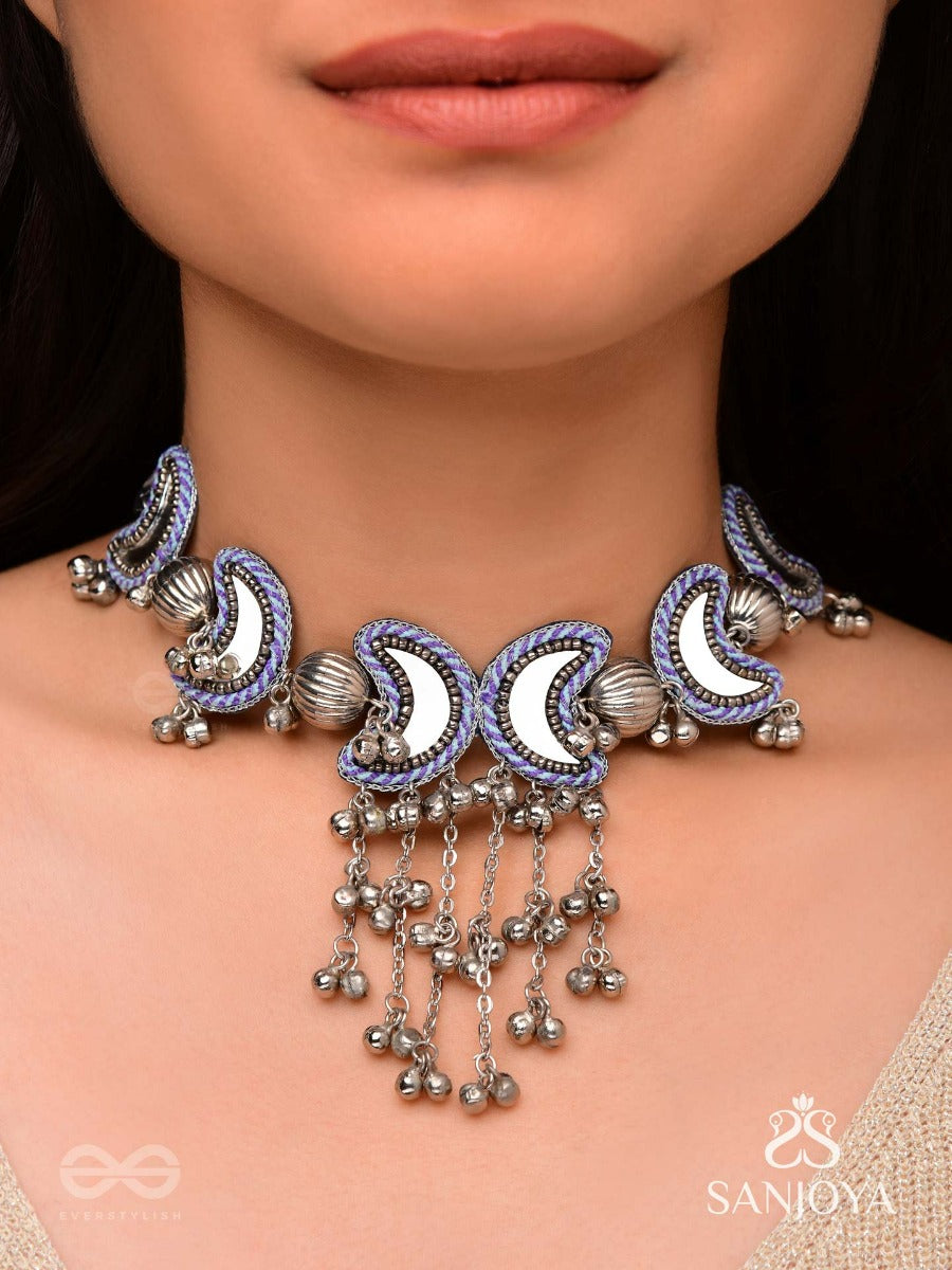 Ashvattha - The Blue Moon Night - Mirrors, Beads And Resham Hand Embroidered Oxidised Choker Neckpiece