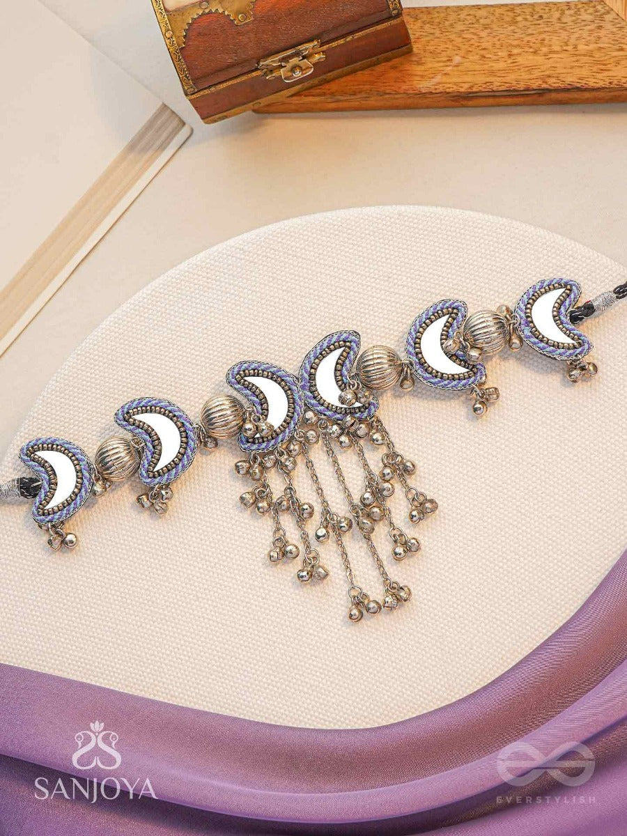 Ashvattha - The Blue Moon Night - Mirrors, Beads And Resham Hand Embroidered Oxidised Choker Neckpiece