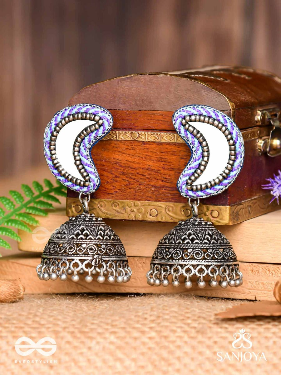 Shashikhand - The Crescent Reflectors - Mirror, Resham And Beads Hand Embroidered Oxidised Jhumka Earrings