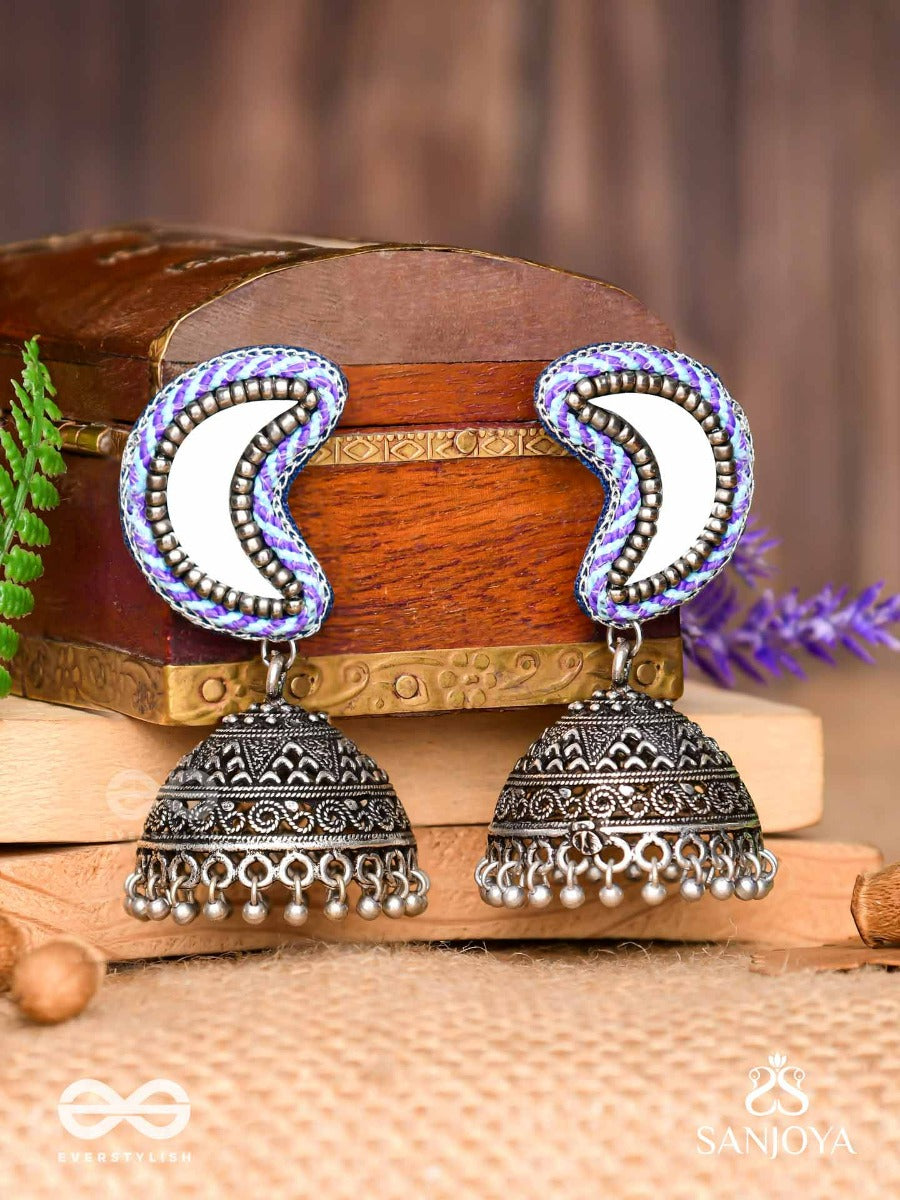 Shashikhand - The Crescent Reflectors - Mirror, Resham And Beads Hand Embroidered Oxidised Jhumka Earrings