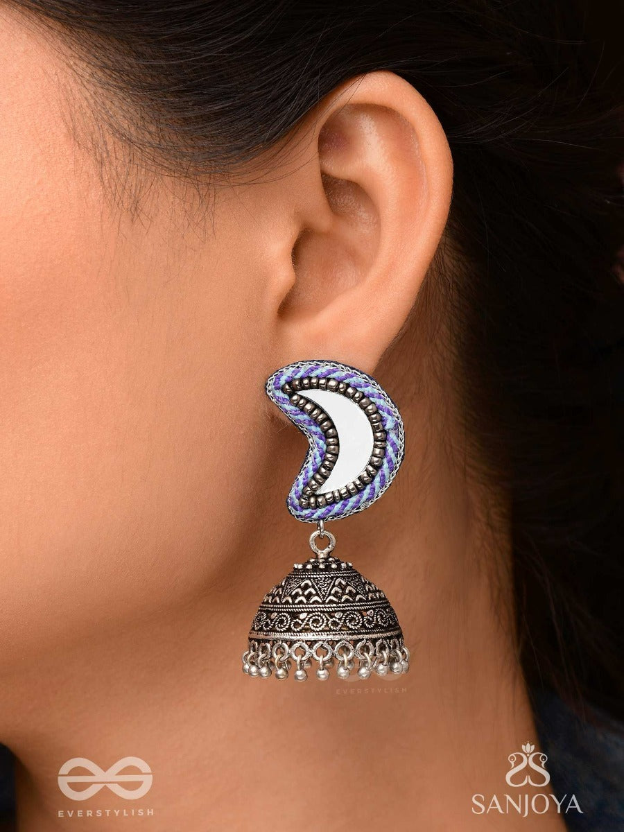 Shashikhand - The Crescent Reflectors - Mirror, Resham And Beads Hand Embroidered Oxidised Jhumka Earrings