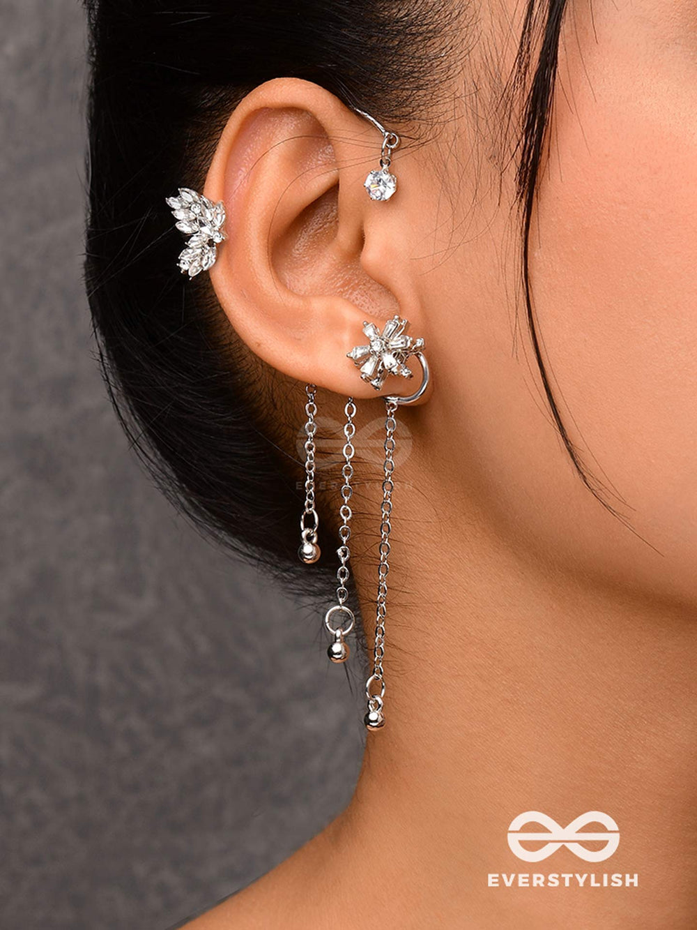 The Drizzling Stars - Silver Embellished Single Right Side Ear Cuff (Non-Piercing)