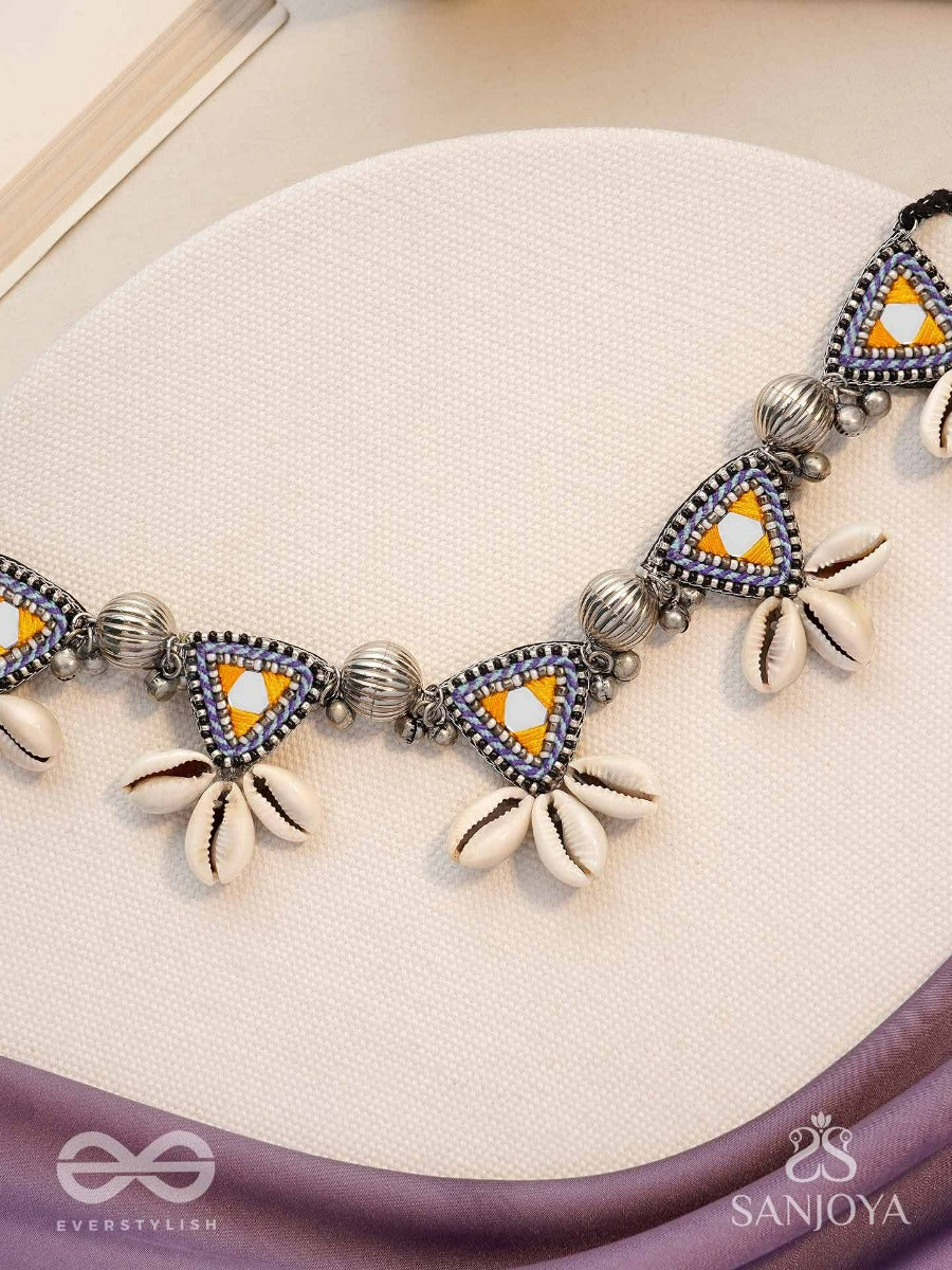 Shanakhya - The Prismy Shells - Mirrors, Shells, Resham And Beads Hand Embroidered Oxidised Choker Neckpiece
