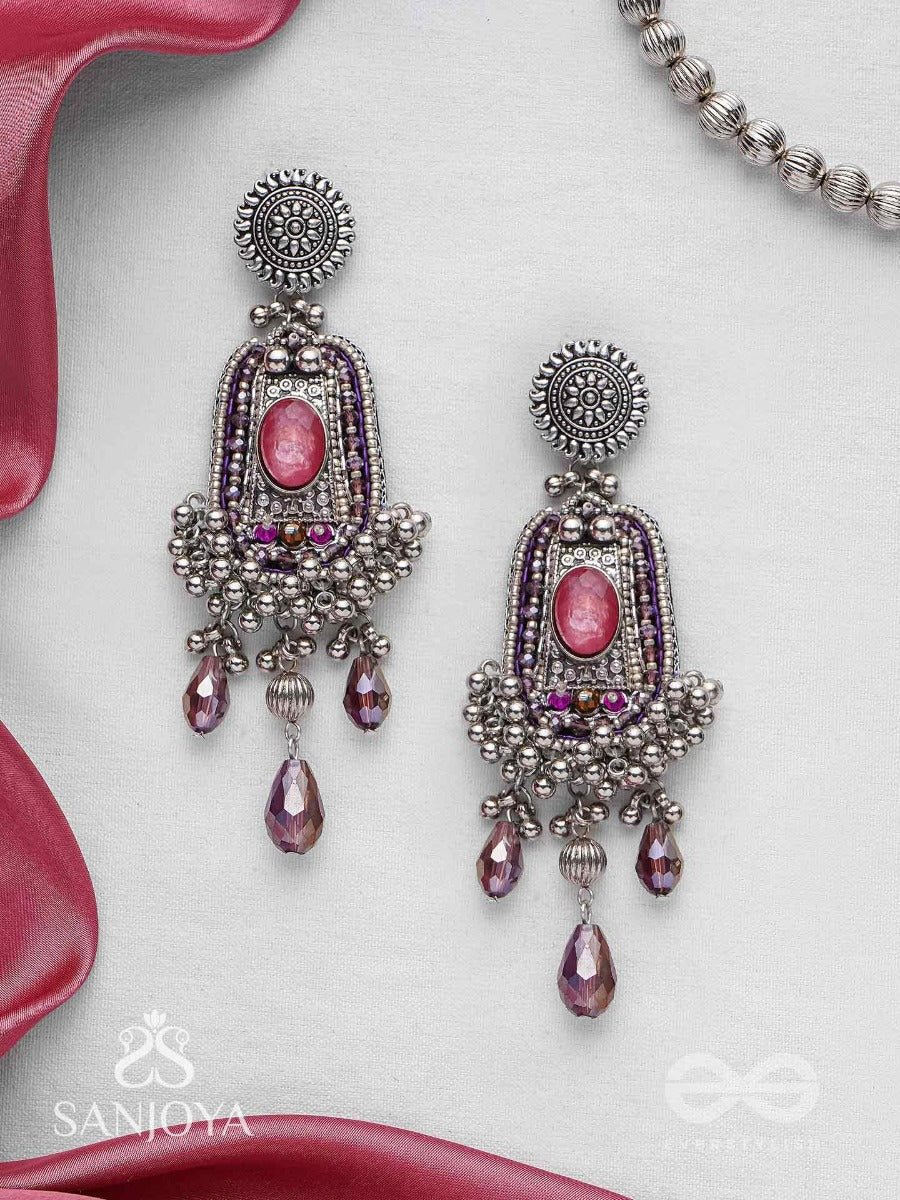 Parmeshthyam - The Fuchsia Royalty - Stone, Beads And Glass Drops Hand Embroidered Oxidised Earrings