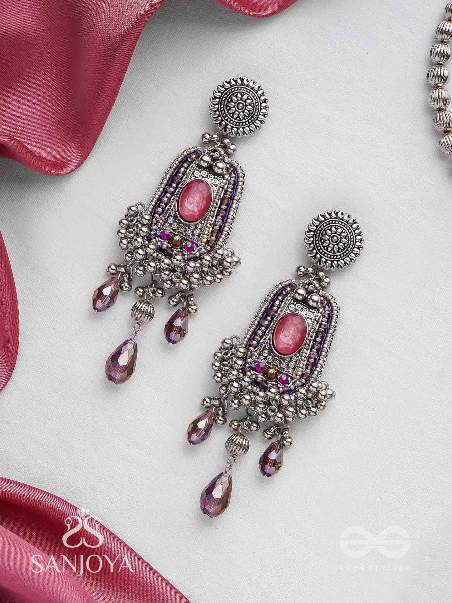 Parmeshthyam - The Fuchsia Royalty - Stone, Beads And Glass Drops Hand Embroidered Oxidised Earrings