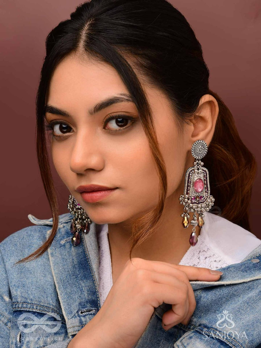 Parmeshthyam - The Fuchsia Royalty - Stone, Beads And Glass Drops Hand Embroidered Oxidised Earrings