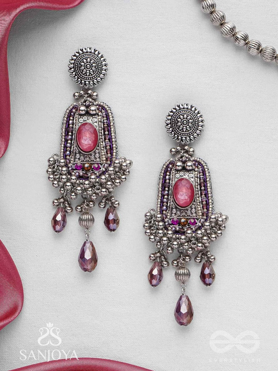 Parmeshthyam - The Fuchsia Royalty - Stone, Beads And Glass Drops Hand Embroidered Oxidised Earrings