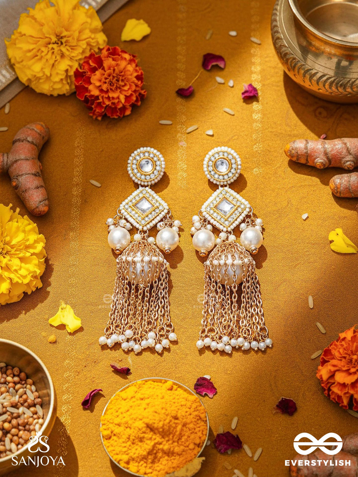 Tolaka - Seashell Mirage - Beads, Kundan And Polki Finished Hand Embroidered Earrings