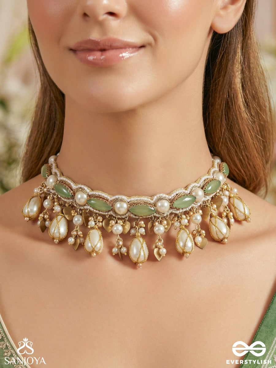 Haridvarna - Gilded Meadow Finery - Pearls, Stones And Beads Hand Embroidered Neckpiece