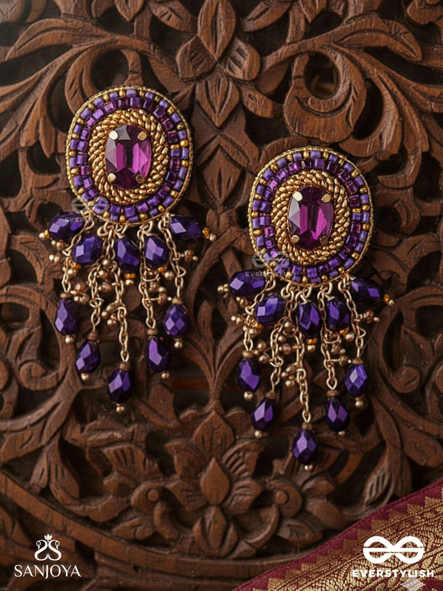Anisam - The Shining Night - Stone, Beads And Glass Drops Hand Embroidered Earrings