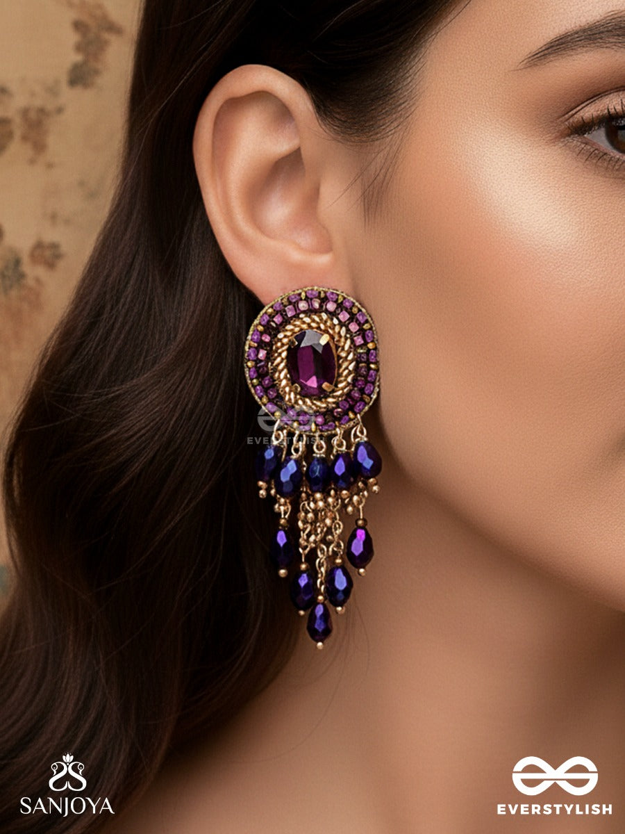 Anisam - The Shining Night - Stone, Beads And Glass Drops Hand Embroidered Earrings