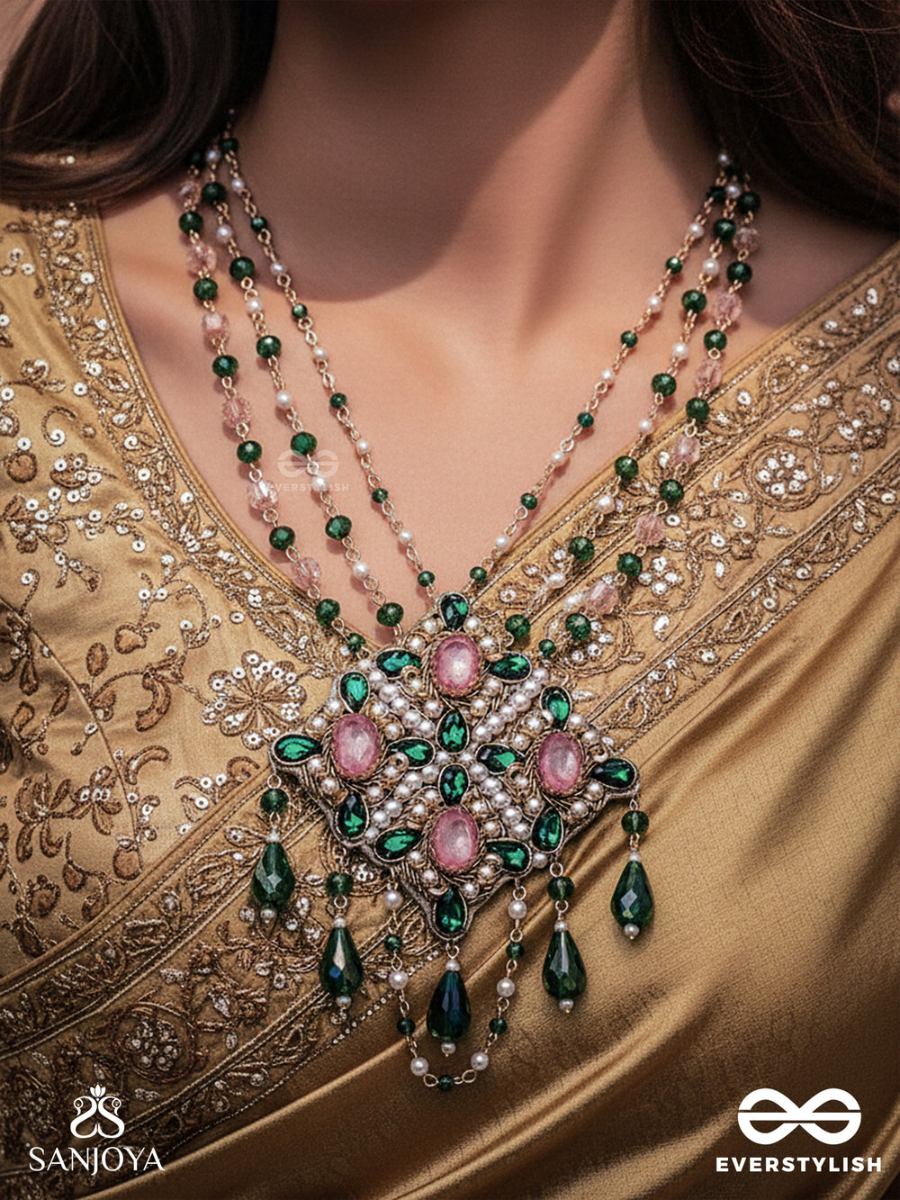 Grismapushpi - Blossoming In Summer - Stone, Beads, Pearls And Glass Drops Hand Embroidered Neckpiece