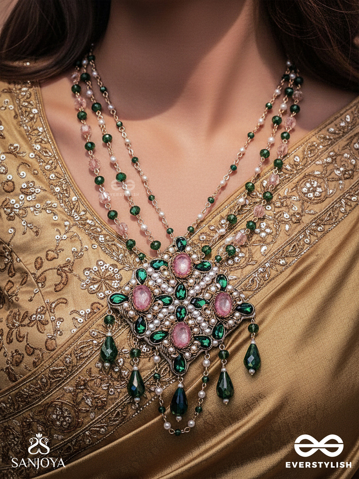 Grismapushpi - Blossoming In Summer - Stone, Beads, Pearls And Glass Drops Hand Embroidered Neckpiece