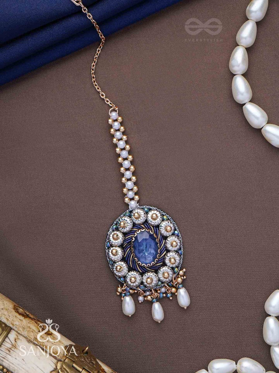 Adhilokam- The Neptune Goddess- Stone, Beads And Pearl Drops Hand Embroidered Maangtika