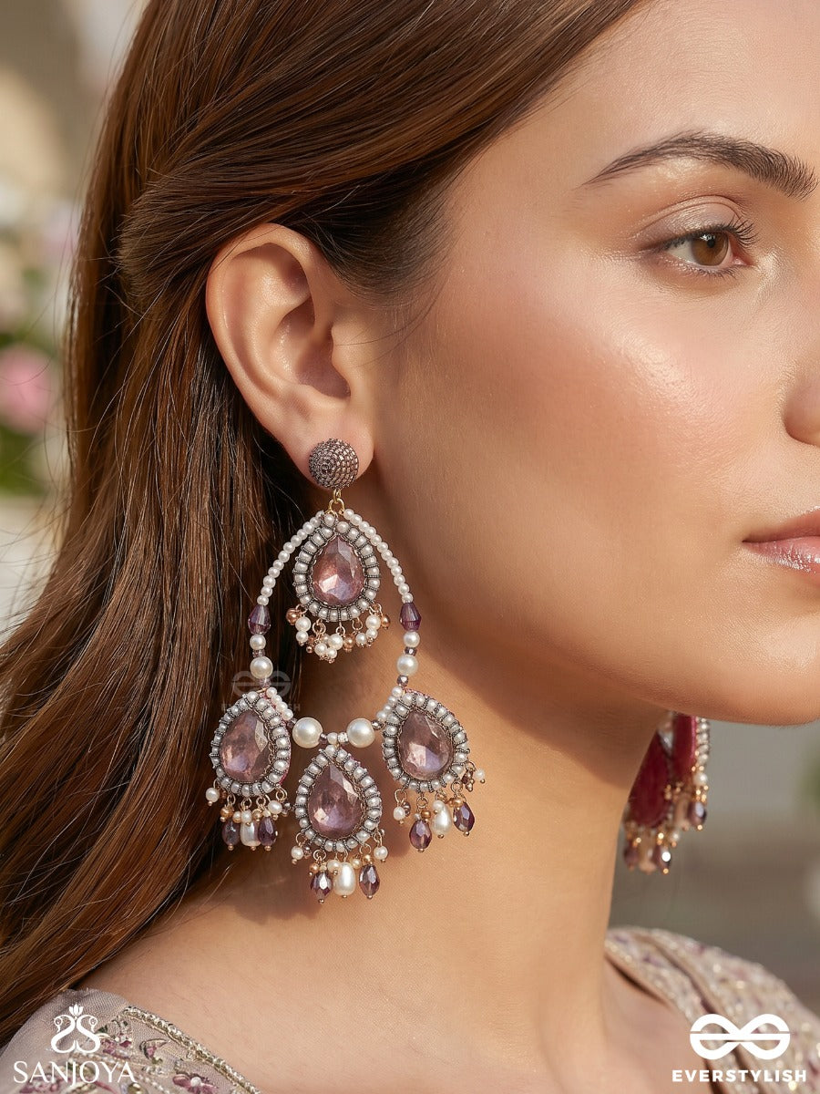 Viruda - Blushing Majesty - Stone And Beads Hand Embroidered Crystal Chandelier Earrings