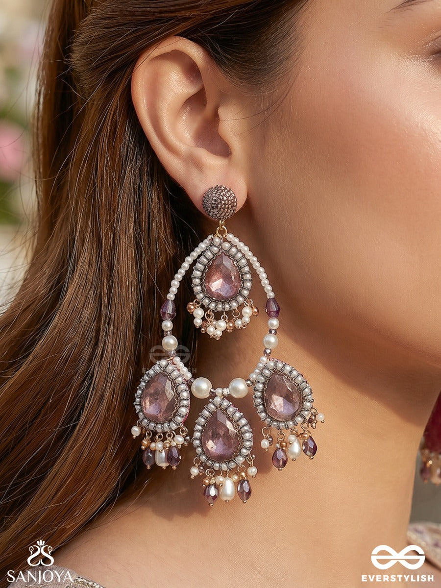 Viruda - Blushing Majesty - Stone And Beads Hand Embroidered Crystal Chandelier Earrings