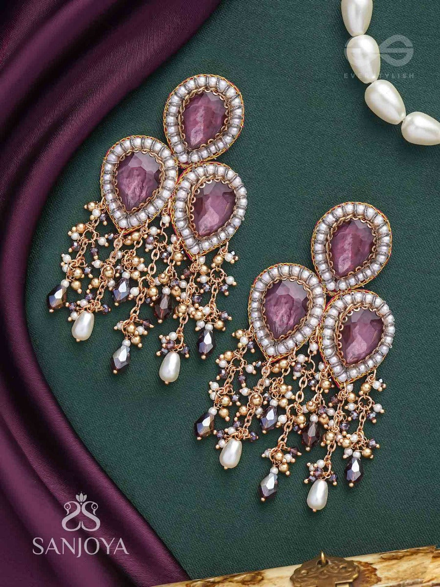 Anukrus - The Rosy Rain - Stone And Beads Hand Embroidered Earrings