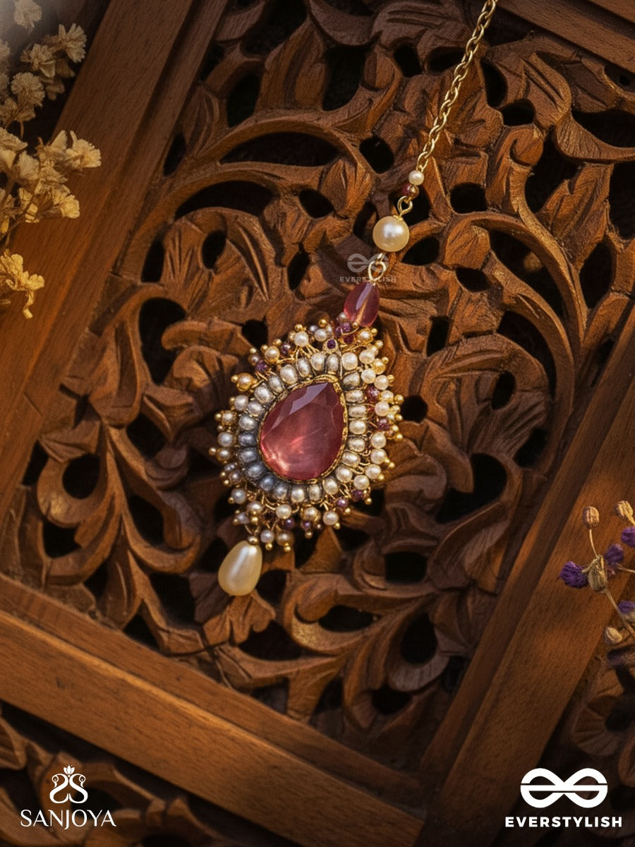 Asyama - The Violet Veil - Beads, Pearl And Stone Hand Embroidered Maangtika