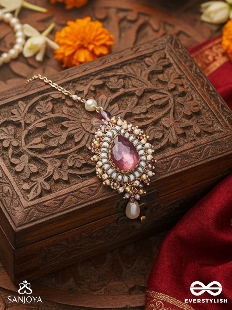 Asyama - The Violet Veil - Beads, Pearl And Stone Hand Embroidered Maangtika