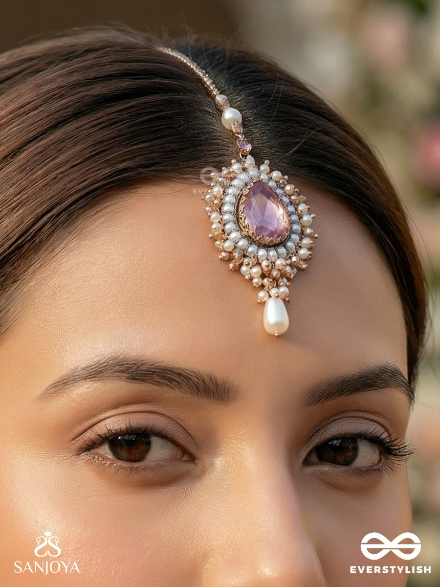Asyama - The Violet Veil - Beads, Pearl And Stone Hand Embroidered Maangtika