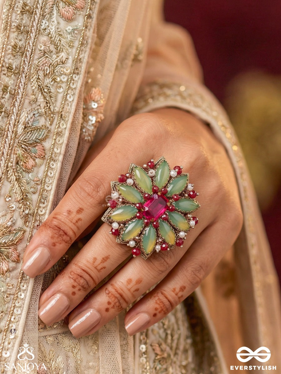 Ardramanjari - The Fresh Bloom - Stones And Beads Hand Embroidered Ring (Adjustable)