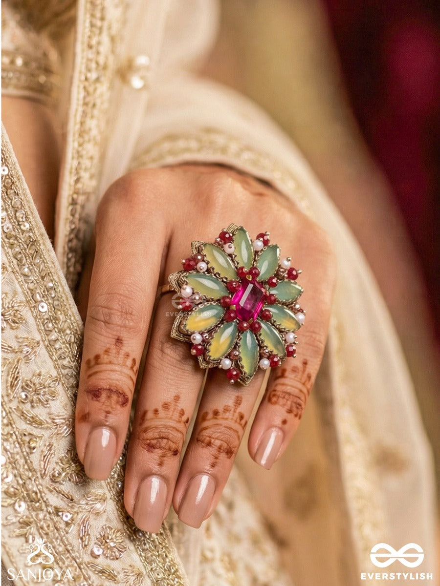 Ardramanjari - The Fresh Bloom - Stones And Beads Hand Embroidered Ring (Adjustable)