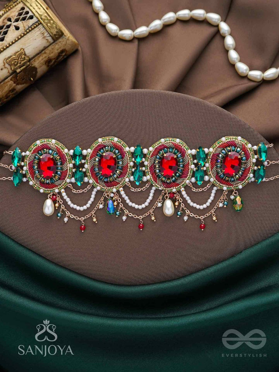 Upakarana - Royal Ruby Rainfall - Stone, Beads And Glass Drops Hand Embroidered Choker Neckpiece