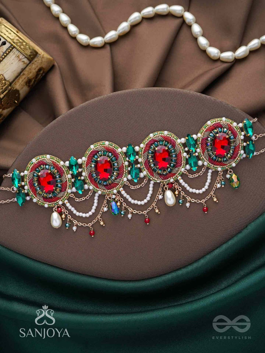 Upakarana - Royal Ruby Rainfall - Stone, Beads And Glass Drops Hand Embroidered Choker Neckpiece