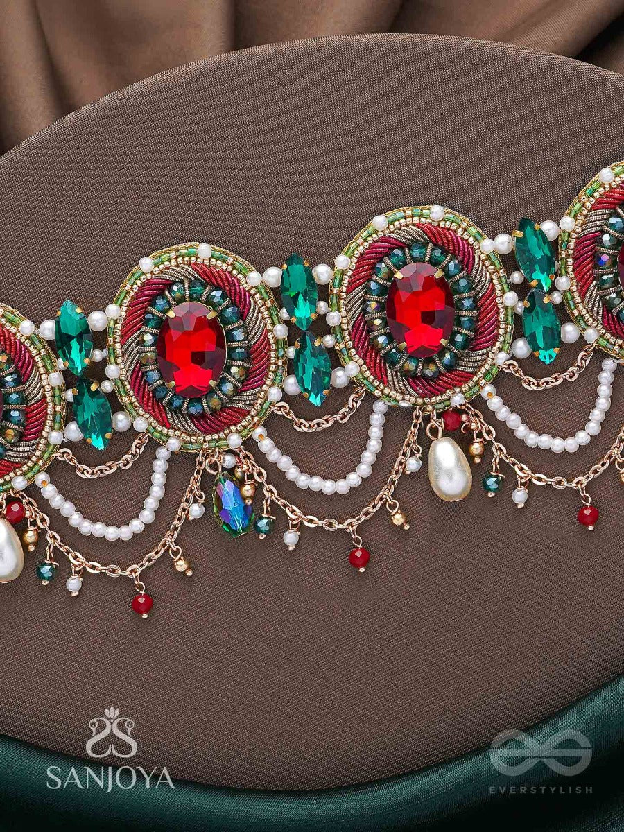 Upakarana - Royal Ruby Rainfall - Stone, Beads And Glass Drops Hand Embroidered Choker Neckpiece