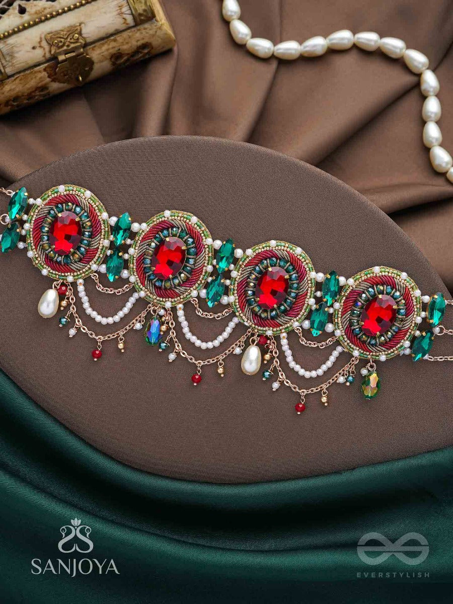 Upakarana - Royal Ruby Rainfall - Stone, Beads And Glass Drops Hand Embroidered Choker Neckpiece