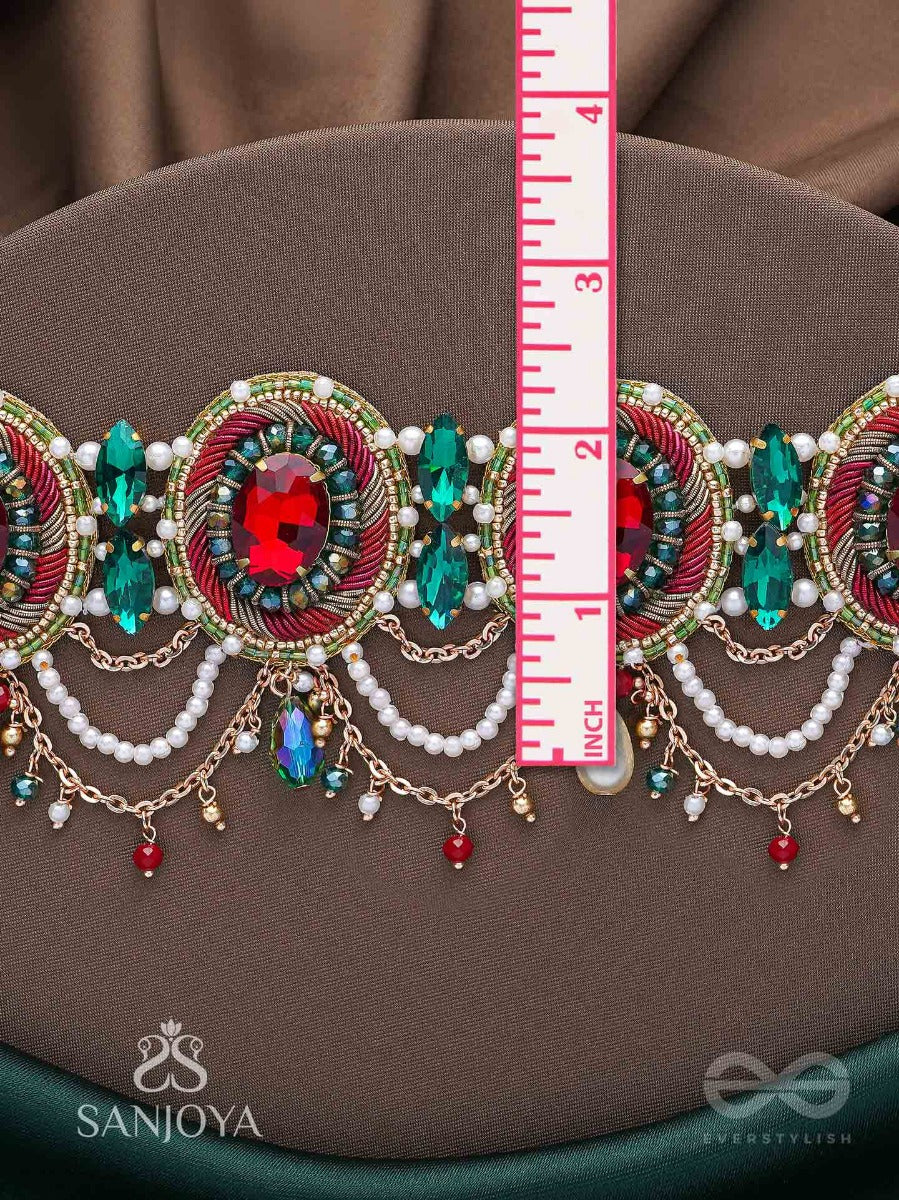 Upakarana - Royal Ruby Rainfall - Stone, Beads And Glass Drops Hand Embroidered Choker Neckpiece