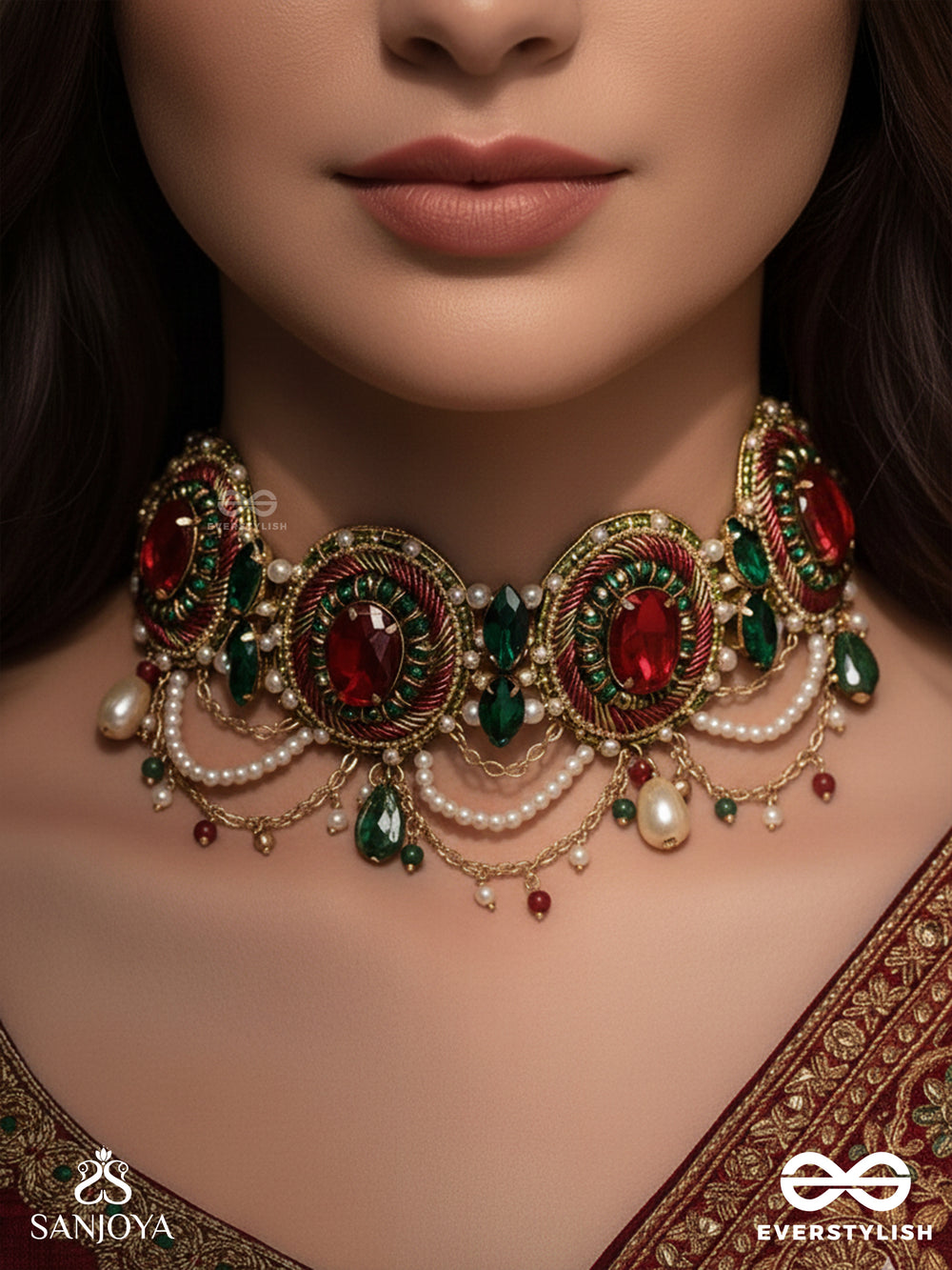 Upakarana - Royal Ruby Rainfall - Stone, Beads And Glass Drops Hand Embroidered Choker Neckpiece