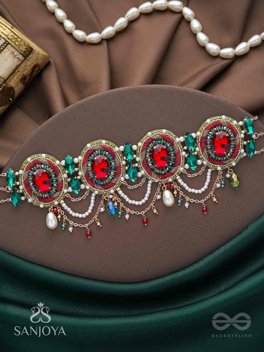 Upakarana - Royal Ruby Rainfall - Stone, Beads And Glass Drops Hand Embroidered Choker Neckpiece