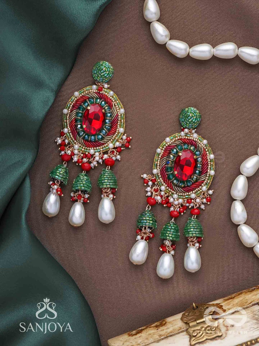 Aklishta - The Scarlet Splendor - Stone, Cutdana And Beads Hand Embroidered Earrings