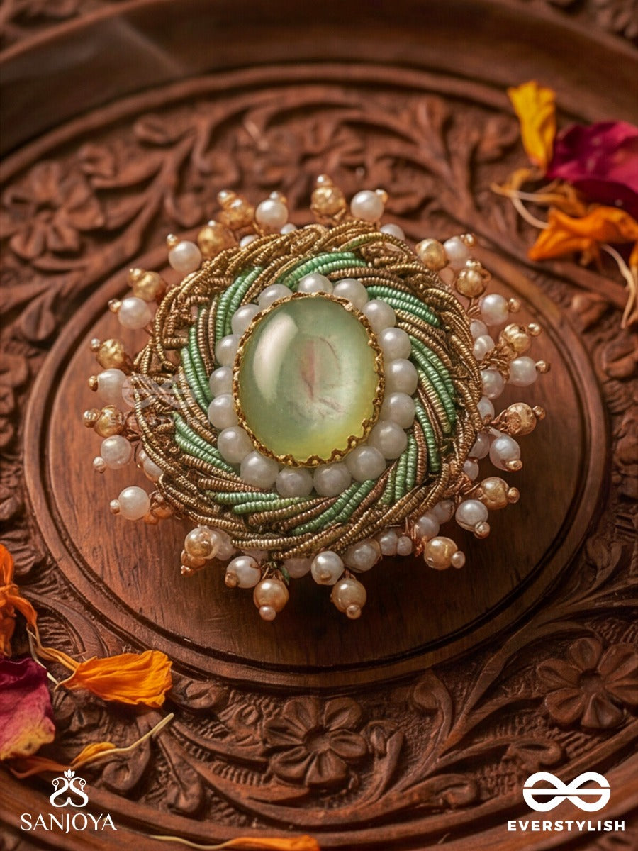 Dyutaka - The Enchanted Forest - Stone And Beads Hand Embroidered Ring (Adjustable)