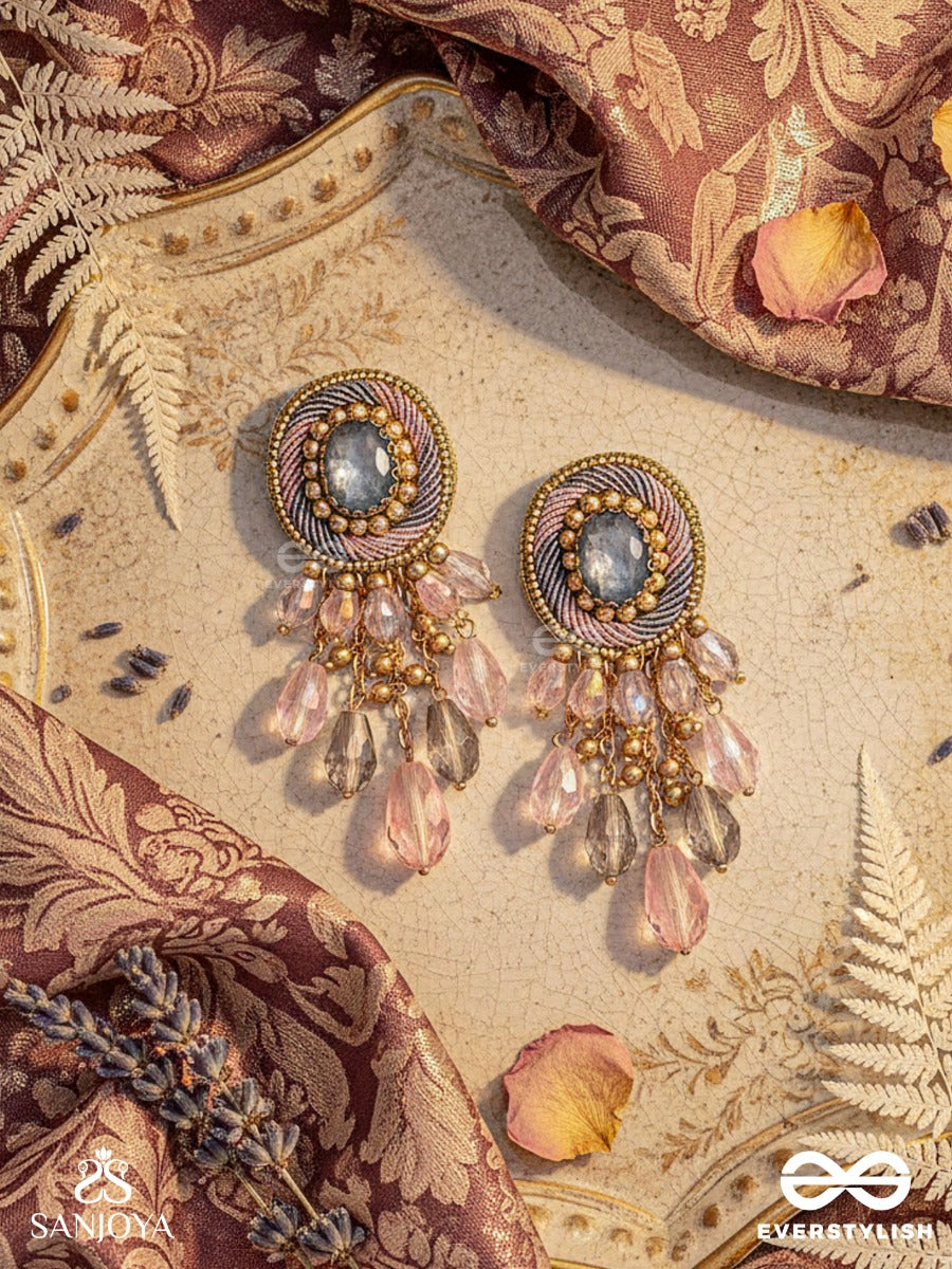 Ahraya - The Pink Fog - Stone, Beads And Glass Drop Hand Embroidered Earrings