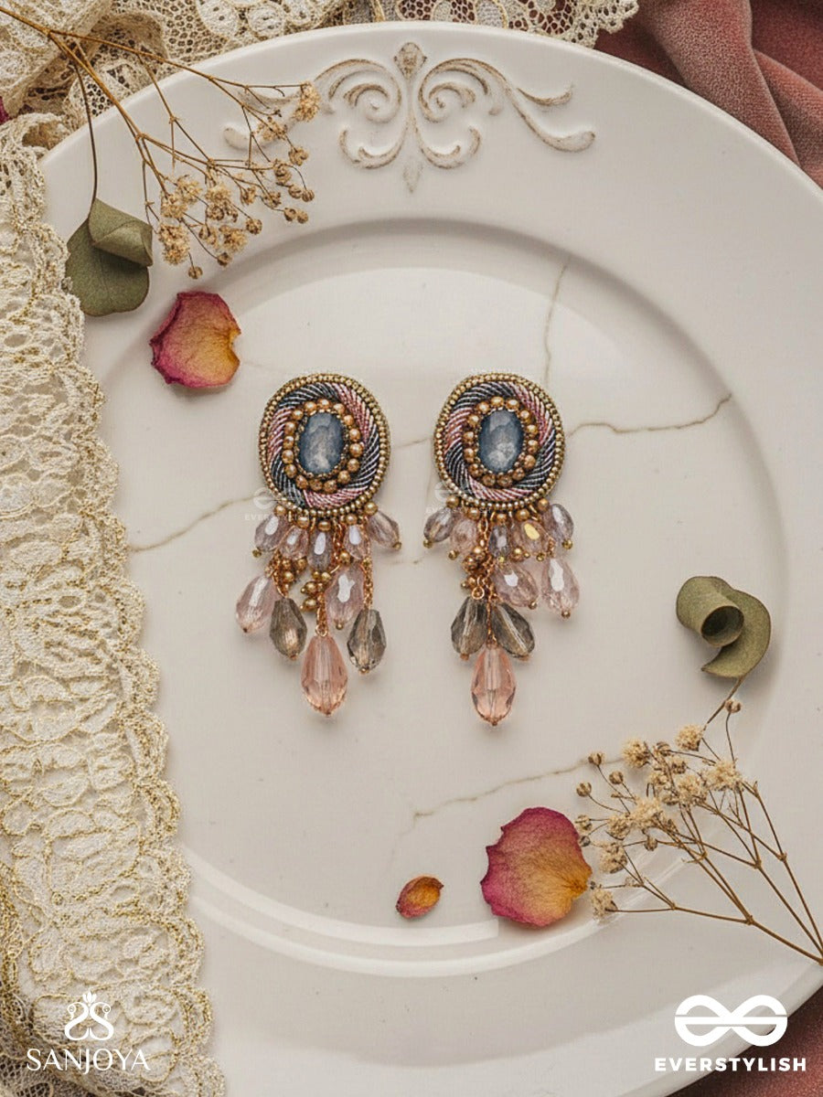 Ahraya - The Pink Fog - Stone, Beads And Glass Drop Hand Embroidered Earrings