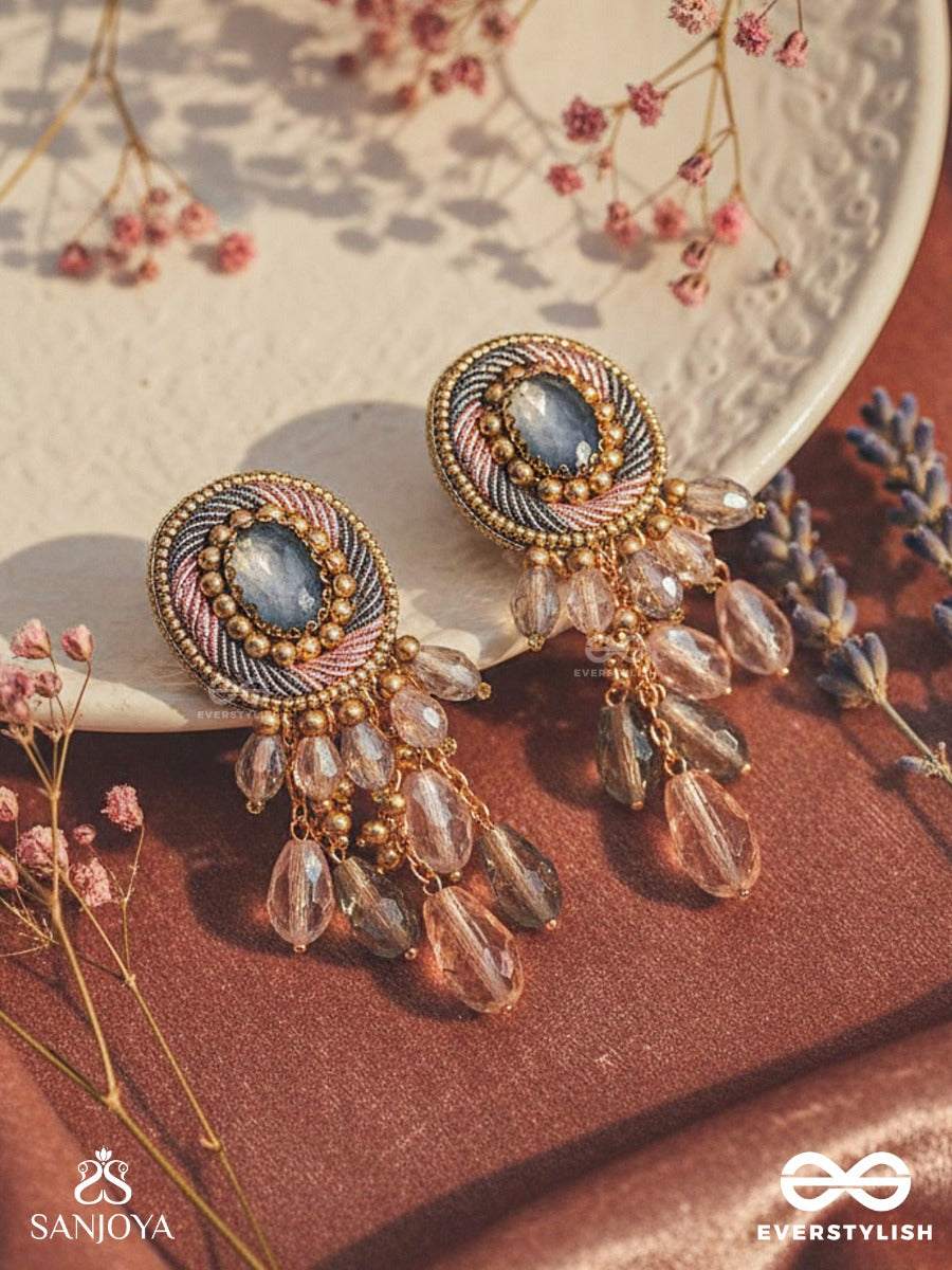 Ahraya - The Pink Fog - Stone, Beads And Glass Drop Hand Embroidered Earrings