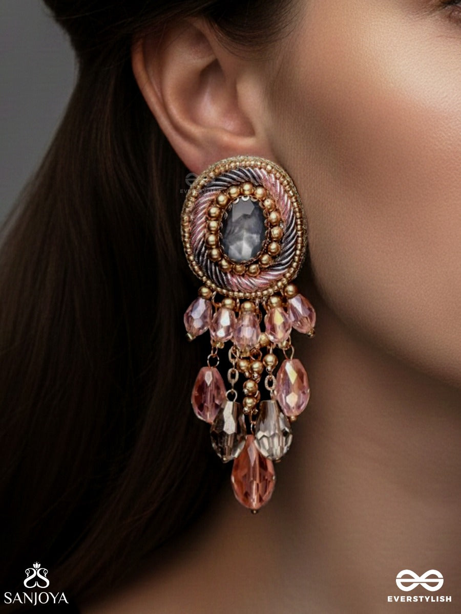 Ahraya - The Pink Fog - Stone, Beads And Glass Drop Hand Embroidered Earrings